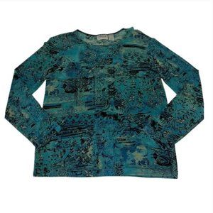 Chico's Travelers Pullover Turquoise Print Silky Stretchy Top Size M